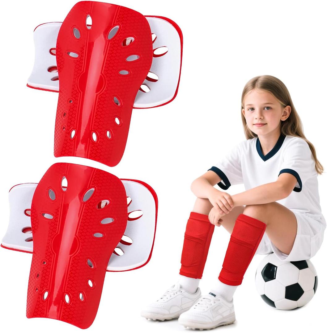 2 Pairs Shin Guards Soccer for Kids,Shin Pads Extra Lightweight Breathable Slide in Shin Guard for Football Training Match Outdoor Activities Protective Slip-in Shin Guards for Boys Girls (Red)