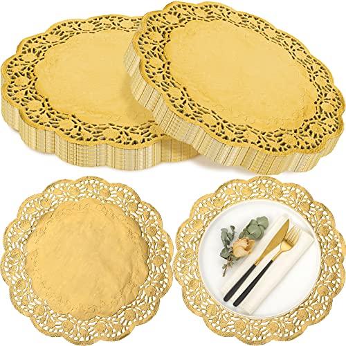 Yexiya 50 Pcs Doilies Paper Doilies Lace Paper Doilies Disposable Foil Lace Paper Doilies Placemats Doily Paper Pad Paper Placemats for Cakes Crafts Party Wedding Decor (Gold)