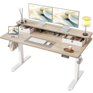 TIQLAB Standing Desk with Two Drawers, Stand Up Standing Desk Adjustable Height, Electric Sit Stand Table with Storage Shelf and Splice Board, 55 * 24 inch, Maple