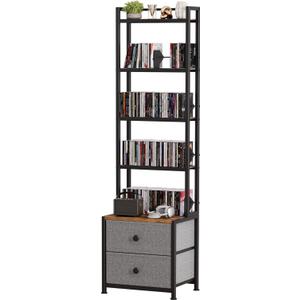  Epouseter CD Storage Rack with Drawer, 5-Tier DVD Organizer Shelf w/Adjustable Book Stoppers, Media Storage Rack for CD/DVD, Books & Games, Ideal for Living Room & Home Office 15.7x11.8x56.5Inches (Black)
