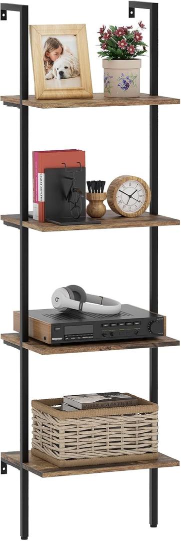 Wolawu Ladder Shelf 4 Tiers Metal Industrial Bookshelf,Brown Wood Tall Open Storage Rack and Display Shelves,Wall Mount Wide Book Case for Home Office Bedroom,Small (1 PC 15.7IN)