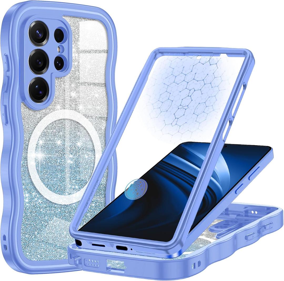 Hekodonk for Galaxy S26 Ultra Case Magnetic,[Cute Wave][Compatible with Magsafe][Built-in Tempered Glass Screen Protector] [Glitter Card] Full Body Bling Case for Samsung Galaxy S26 Ultra,Light Blue