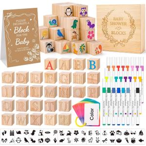 VISCOO 138 PCS Baby Shower Blocks Game Set for Guest,Game Sign Decorations | Wooden Box, Wooden Blocks, Markers, Letter Cards, Stencils Game Sign for Baby Shower Games Decorations