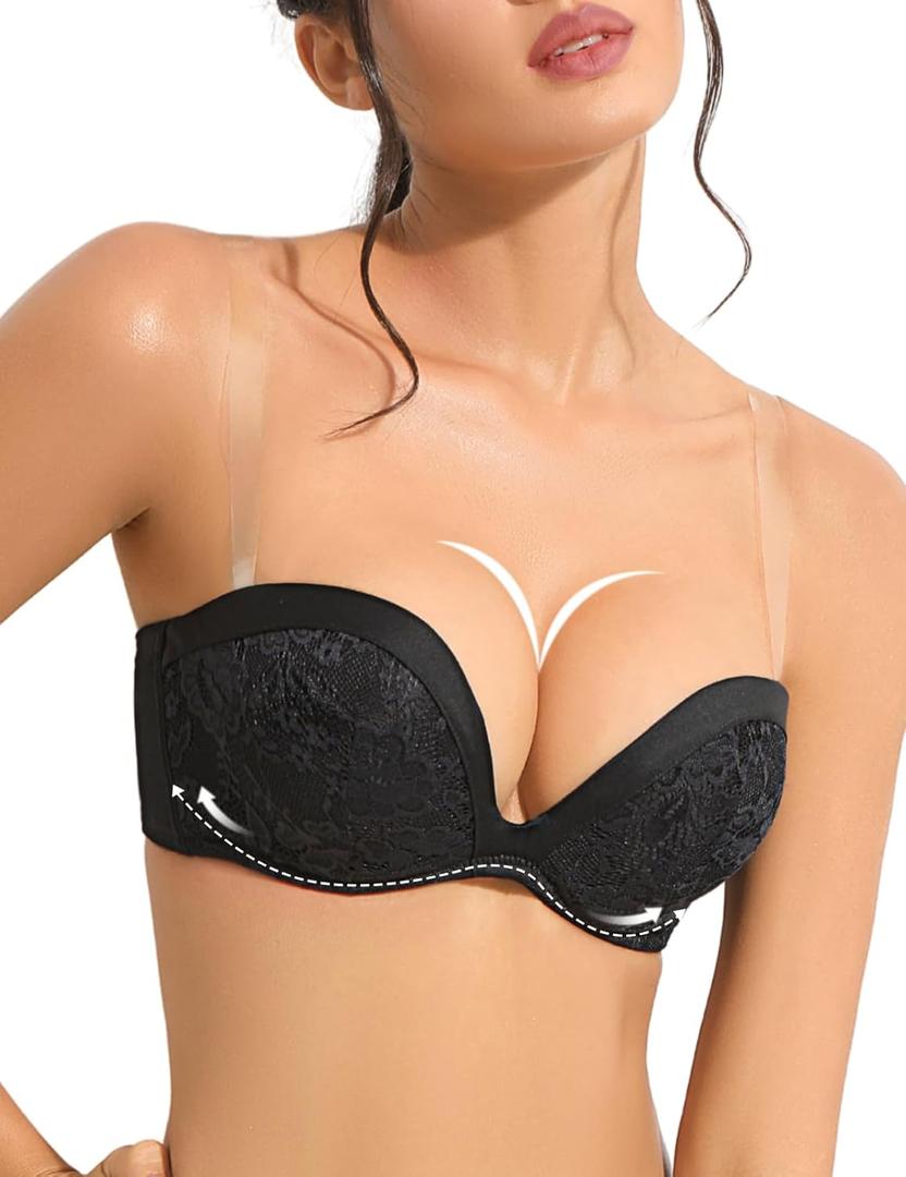 YBCG Push Up Strapless Plunge Bra with Clear Straps Convertible Lace Padded Add 2 Cups Underwire Low Cut for Women (Black)