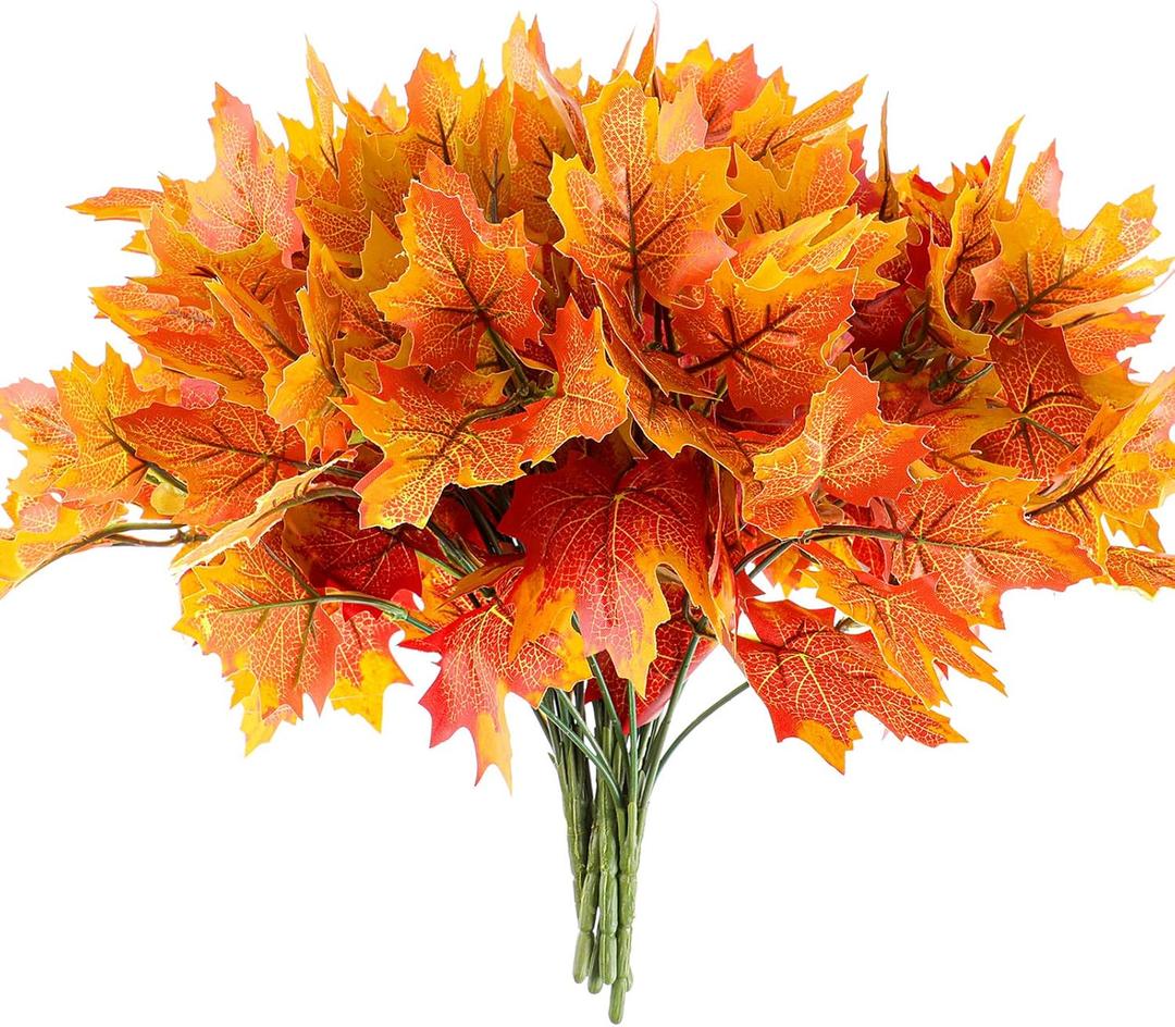 BBTO 6 Pieces Artificial Maple Leaves 7 Branches Autumn Faux Leaf Decoration Stem Fall Leaves for Thanksgiving Home Indoor Outdoor Kitchen Festival Autumns Table Centerpieces Decoration(Orange)