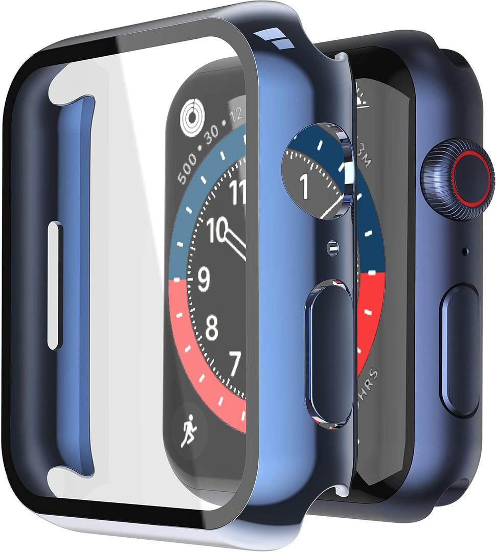 Misxi 2 Pack Hard PC Case with Tempered Glass Screen Protector Compatible with Apple Watch Series 9 (2023) Series 8 Series 7 45mm, Ultra-Thin Cover for iWatch S9/S8/S7, 1 Blue + 1 Transparent