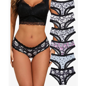 Morvia 6pcs Women Underwear Gothic Sexy Halloween Skulls Roses Allover Print Contrast Lace Hipsters Panties, XXL