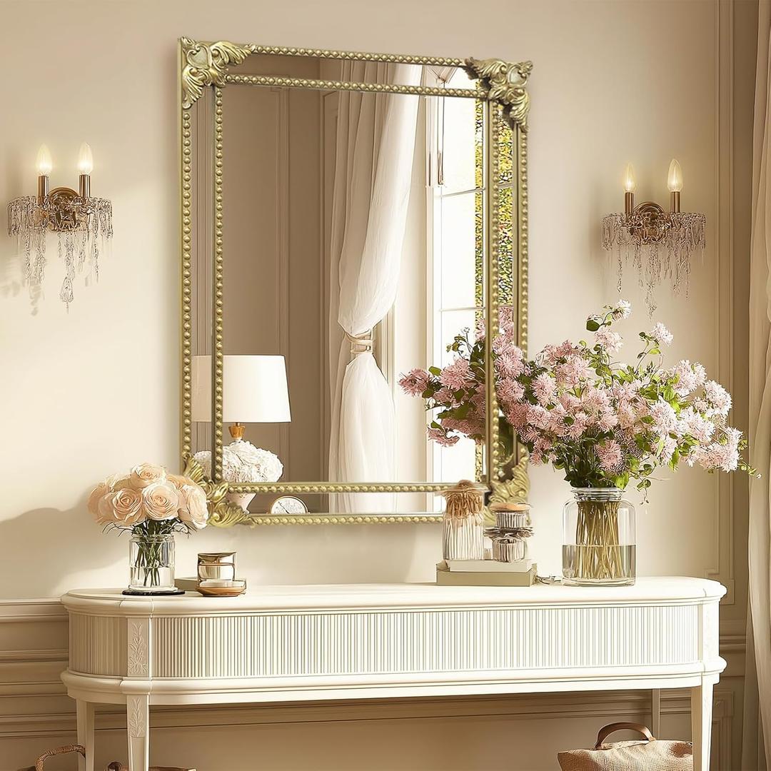 Vintage Rectangular Wall Mirror with Antique Carved Frame  24x32 Inch Decorative Wall Mirror for Living Room, Bedroom, Entryway, or Bathroom  Classic Baroque Style Accent Mirror, Vintage Gold
