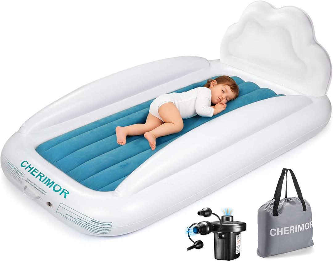 Toddler Air Mattress with Electric Pump, Inflatable Toddler Travel Bed with Safety Sides, Portable Kids Blow Up Mattress for Travel, Camping Grandma Sleepovers Playing Air Bed, Gift for Kids (63"L x 40"W x 11"Th)
