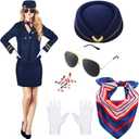 Xtinmee 7 Pcs Halloween Flight Attendant Costume Women's Pilot Captain Cosplay Accessories Pilot Hat Role Outfits (Medium, Navy)