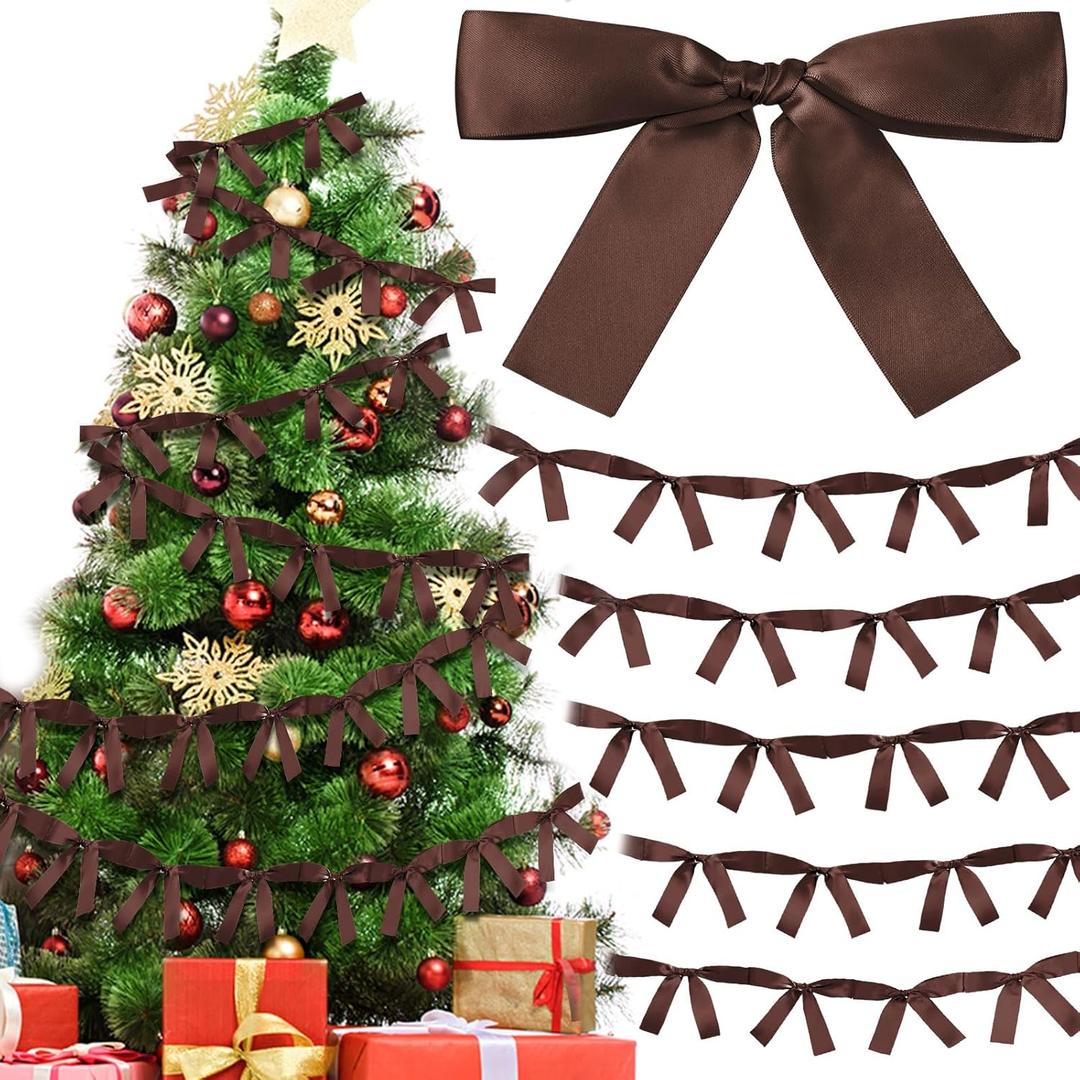 2 Pcs Christmas Bow Garland Banner 16.4 ft Pre-Assembled Brown Satin Bows Ornaments Xmas Bows Hanging Decor for Room Fireplace Bachelorette Party Birthday Baby Shower Supplies