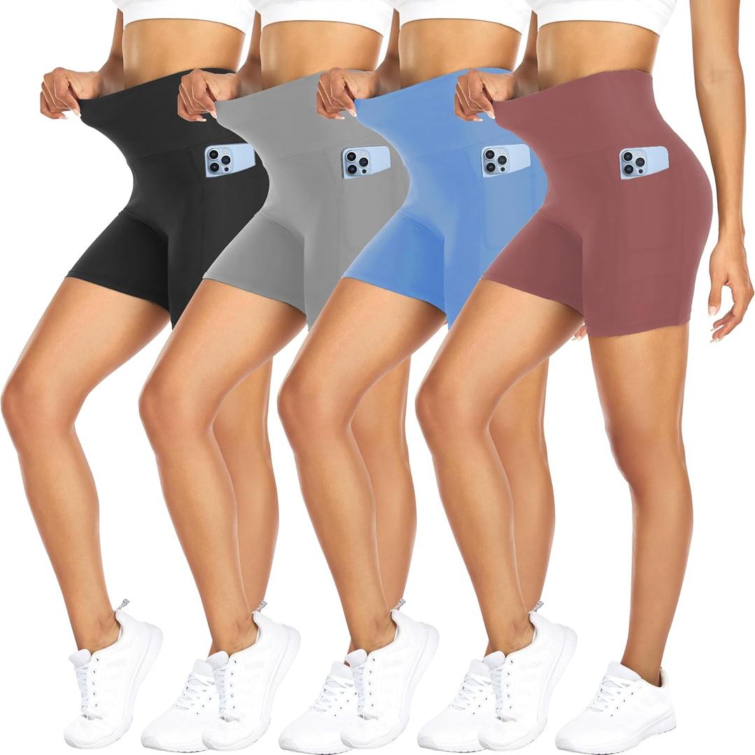 FULLSOFT 4 Pack Biker Shorts for Women with Pockets  5" High Waisted Tummy Control Workout Yoga Running Gym Tennis Shorts (Small-Medium, 4 Pack Black/ Grayishpink/ Light Grey/ Blue)