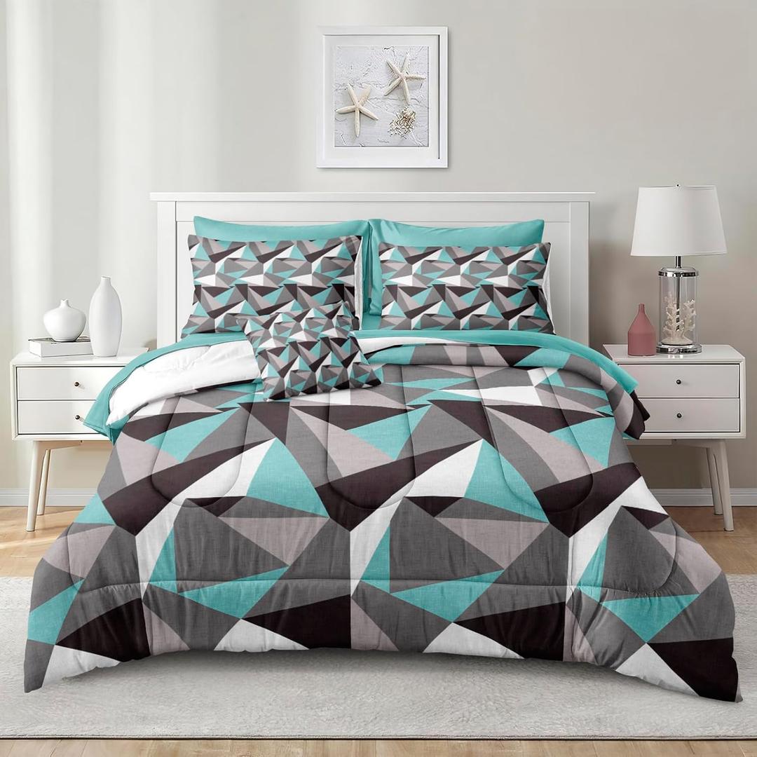 MOVE OVER 8 Pieces Queen Size Teal Blue and Grey Comforter Set with Sheet Set Geometric Triangle Comforter Bedding Set Stylish Modern Triangle Plaid Design Boho Comforter Sets for All Seasons