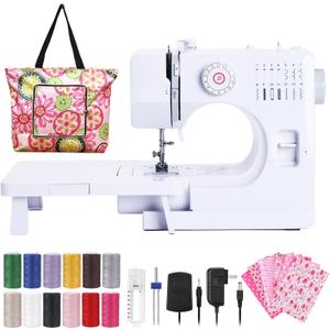 Sewing Machine for Beginners, Electric Mini Portable, 14 Built-in Stitches with Reverse Sewing, 2 Speeds Double Thread with Foot Pedal, Storage Bag, Cotton Fabric and Threads- Extension Table