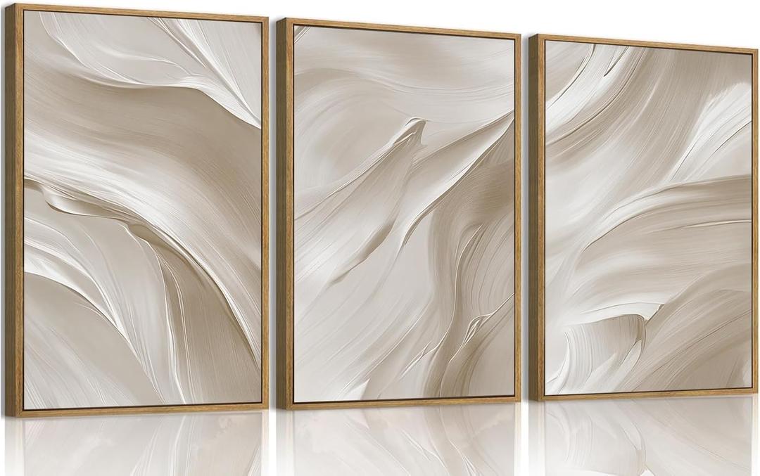 myusuar 3 Piece Large Abstract Framed Wall Art For Living Room, Smoke Texture Ink Beige White Canvas Wall Art Modern Minimalist Art Prints Wall Dcor For Bedroom Office 24x36in