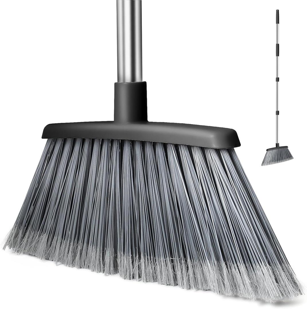 Broom, Outdoor Brooms for Sweeping Indoor, Adjustable 55" Pet Hair Removal Heavy Duty Broom for Floors Home Kitchen Garage Commercial Patio Industrial Snow (Black)