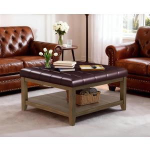 ABHENG 31.5 Large Square Storage Ottoman, Upholstery Solid Rubberwood Coffee Couch Table with Open Shelf, Foot Stool Load up to 330lb, Sythetic Leather Brown UASND67R