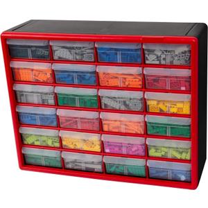Akro-Mils 24-Drawer Plastic Drawer Storage Cabinet for Garage Organization, Bead Organizer, Building Bricks Storage, Teacher Toolbox, Makeup Organizer, 20-Inch W x 6-Inch D x 16-Inch H, 10124 Red