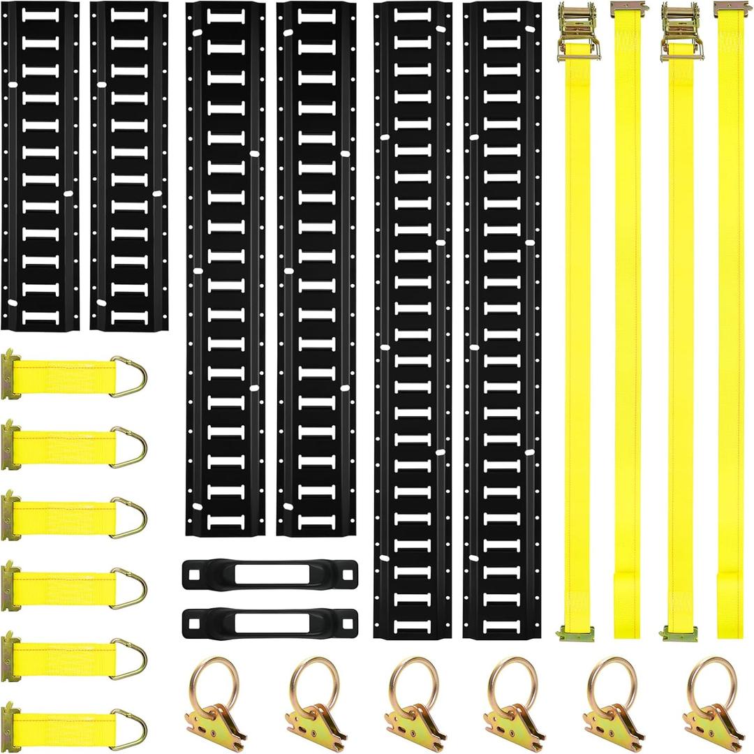 Elechomes E Track Tie-Down Rail Kit22 Pcs Set Etrack kit 6 Rails, 2 Ratchet Straps, 6 Rope Tie Offs, 6 O Ring Anchors, 2 Single Slot Anchors Securing Accessories for Garages Vans Trailers Motorcycle