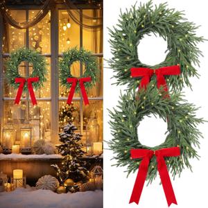 2 Pcs Light Up Christmas Norfolk Pine Wreaths with Bow 20 Inch Lighted Real Touch Xmas Wreaths LED Artificial Realistic for Indoor Outdoor Windows Porch Wall Home Decor (Red Bow,Classic)
