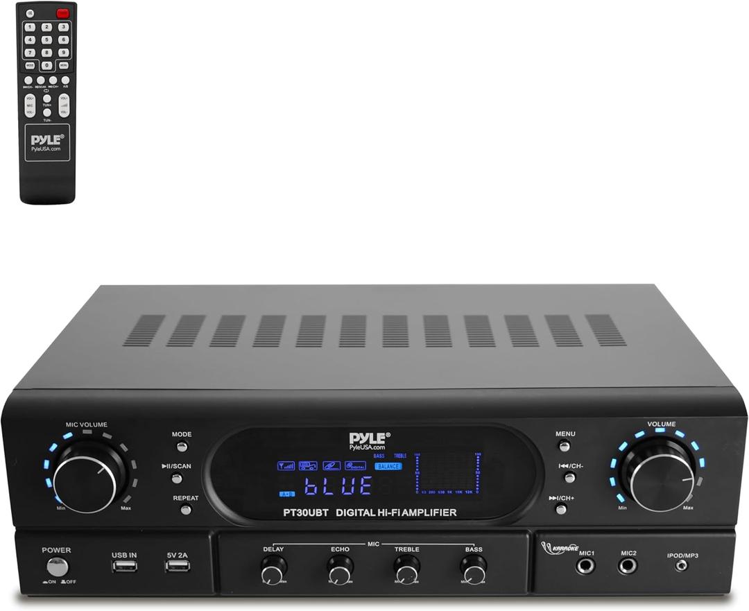 Pyle Bluetooth Stereo Amplifier - 2x30W Wireless Dual Channel Home Audio Receiver, Mini Amp with USB MP3, FM Radio, RCA in/Out, Mic Inputs, Bass/Treble Control, LED Display Lights, 17" x 12.6" x 5.4"