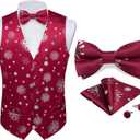DiBanGu Mens Christmas Suit Vest Holiday Xmas Waistcoat Bowtie Set Party Suit Vest Christmas Holiday Waistcoat Tuxedo (Small, Burgundy Silver)