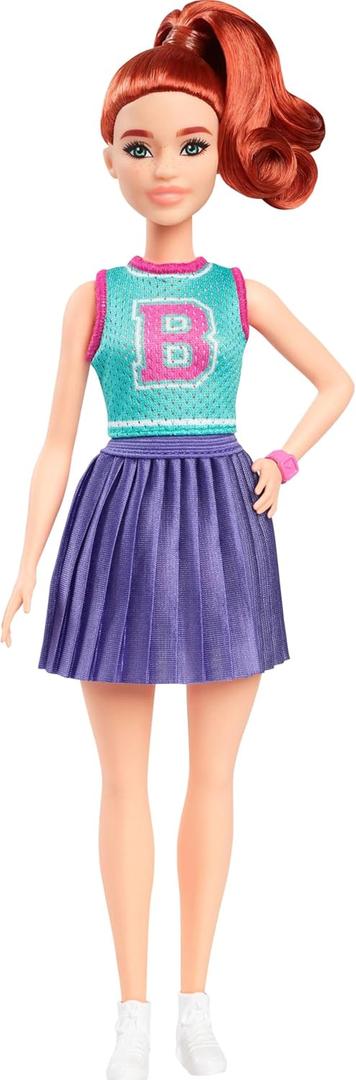 Barbie Fashionistas Doll #232 with Red Hair, Wearing Sporty B Jersey Top and Pleated Purple Skirt with Watch and Sneakers