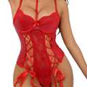 Sexy Lingerie for Women Lace-up Floral Underwire Teddy Bodysuit Leather Lingerie Outfits with Belt Garter