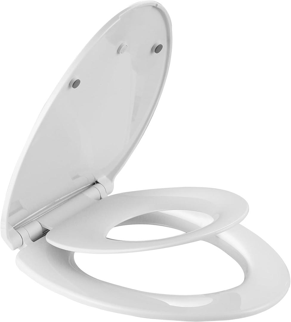 Elongated Slow Close Toilet Seat with Toddler Seat Built In, Potty Training Seat, Easy to Install and Remove, Never Loosen, White