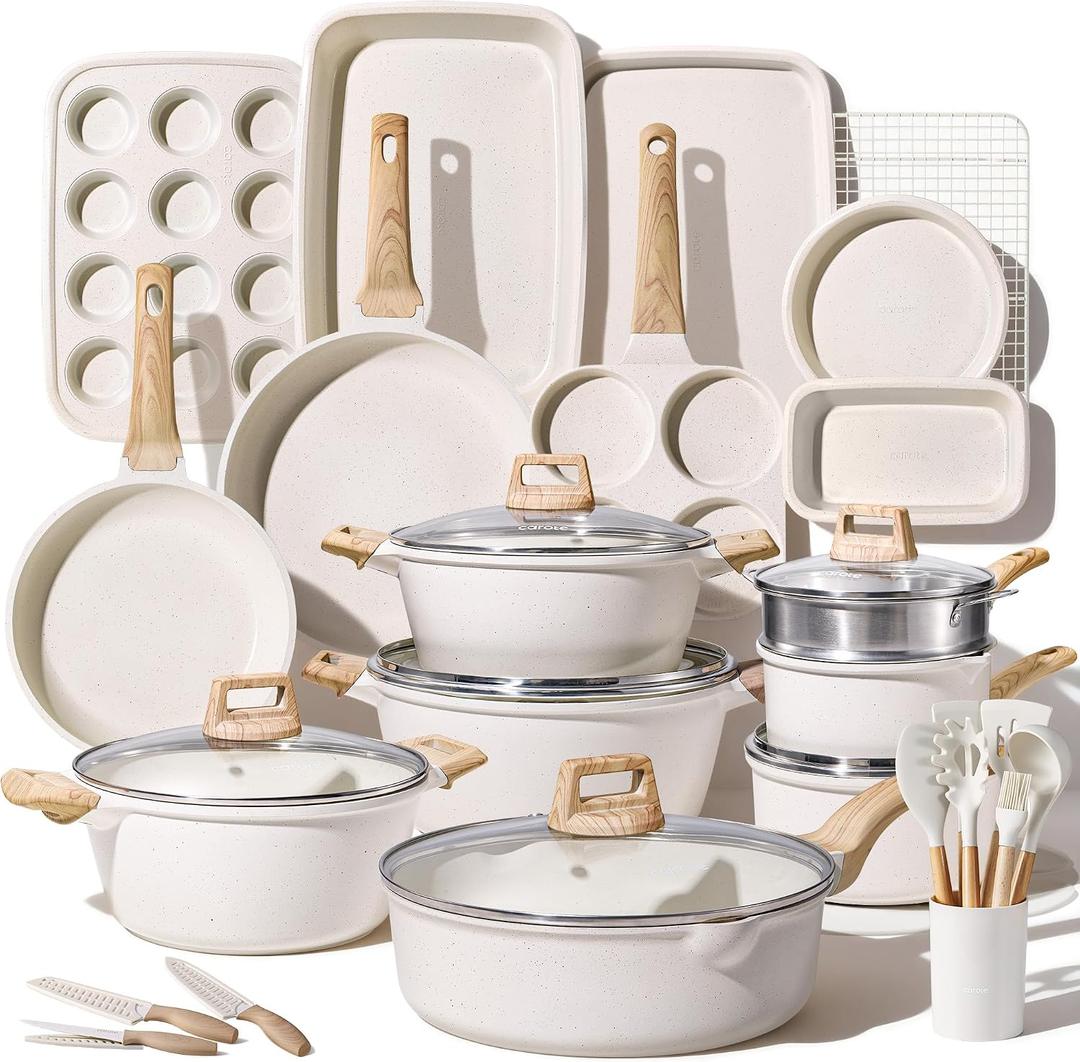 CAROTE 44pcs Pots and Pan Set Nonstick, Cookware Sets, Cooking Set Non Stick, Induction Cook Ware with Bakeware Set, Kitchen Knife Set, 44 Piece