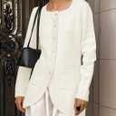 Saodimallsu Womens Button Down Cardigan Sweaters Long Sleeve Crew Neck Knit Casual Loose Sweater Coat with Pockets (Large, White)