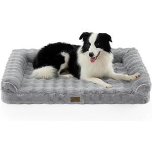 Faux Fur Orthopedic Dog Bed, Super Soft Large Dog Bed, Supportive Foam Bolster Pet Sofa with Waterproof Lining Cover, Washable U-Shaped Pet Couch with Anti-Slip Bottom Design, Grey XL 42x30x7 inch