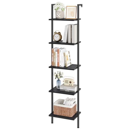 ELYKEN Ladder Shelf, 5-Tier Wood Wall Mounted Bookshelf with Metal Frame, Vintage Open Display Organizer Rack, Leaning Storage Shelves for Living Room, Bedroom, Home Office, Black