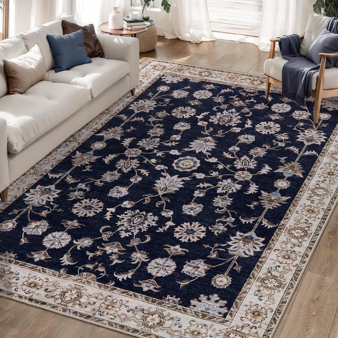 Tangsoo 5x7 Washable Area Rugs for Living Room Non Slip, Vintage Black Beige Floral Rug for Bedroom Laundry Office, Soft Low Pile Stain Resistance Retro Indoor Boho Carpet Mats for Dinning Room Mat