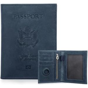 CONTACTS Full Grain Leather Passport Holder RFID Blocking Travel Passport Wallet Compatible with Airtag Passport Cover Case with 4 Card Slots, Coin Pocket (US Passport Stamp, Blue)