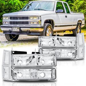 Headlights Assembly Pair for 1994-1998 OBS Chevy Silverado C/K 1500 2500 3500 Suburban, 1995-1999 Chevy Tahoe Headlamps Replacement w/Bumper Lights (LH RH),Chrome Housing Clear Reflector