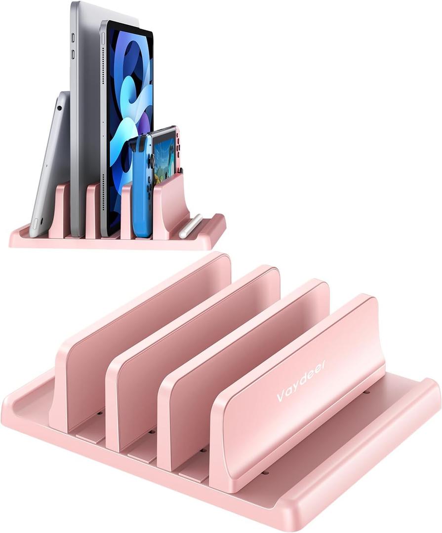 Vaydeer 3-Slot Vertical Laptop Stand Made of Premium ABS Plastics 5 in 1 Design Space-Saving Adjustable Desk Organizer for All MacBook/Chromebook/Surface (Pink)