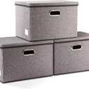 PRANDOM Large Collapsible Storage Bins with Lids [3-Pack] Linen Fabric Foldable Storage Boxes Organizer Containers Baskets Cube with Cover for Home Bedroom Closet Office Nursery (17.7x11.8x11.8) (Gray)