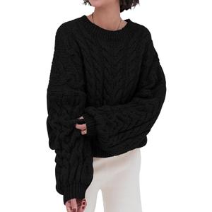 PRETTYGARDEN Womens Sweaters Spring 2026 Cable Knit Long Sleeve Crewneck Oversized Sweater Chunky Pullover Loose Outfits (Large, Black)