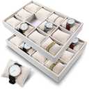 Nodaaiie 2 Pcs Beige Velvet Jewelry Organizer Watch Tray Box 12 Grid Stackable Bracelet Organizer with Adjustable Pillows for Men Women, Home Store Show