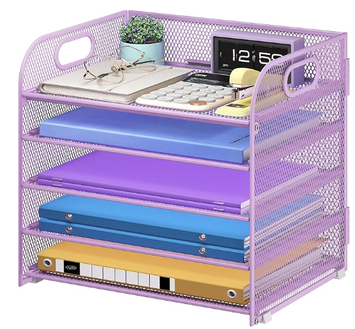 5 Tier Paper Organizer with Handle, Metal Mesh Desk Organizer File Folder Paper Letter Tray Desktop Document Sorter for Classroom, School, Office Accessories Organization and Storage - Purple