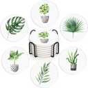 Britimes Set of 6 Coasters for Drinks Absorbent Green Leaves with Cork Base, Metal Holder, Round Stone Drink Mat for Coffee Wood Table, Gift for Birthday, Farmhouse Housewarming Room Bar Decor