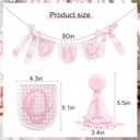 Pink Gingham First Birthday Party Decoration Set, ONE Banner 80 inches, Pink Gingham Party Hat, 5.5 inches, Pom Pom Topper with Number 1, Girls Birthday Decoration