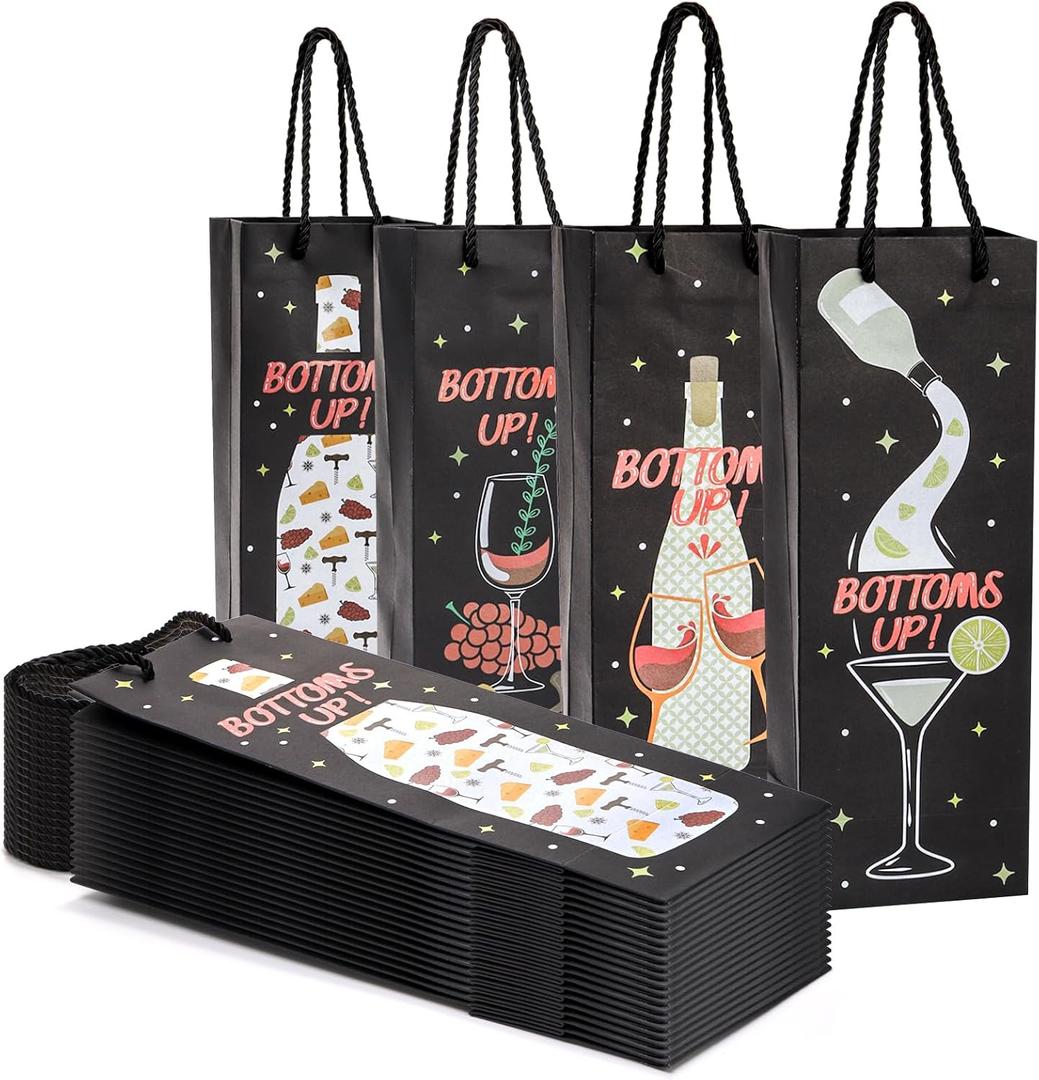 Frcctre 24 Pack Black Paper Gift Bags, 5 x 4 x 13.75 Inches Long Kraft Paper Gift Bag with Handles for Birthday Christmas Party