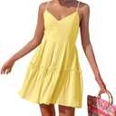 FANCYINN Women's Summer V Neck Casual Swing Short Dress Spaghetti Strap Tiered Backless Dresses with Pockets, XL