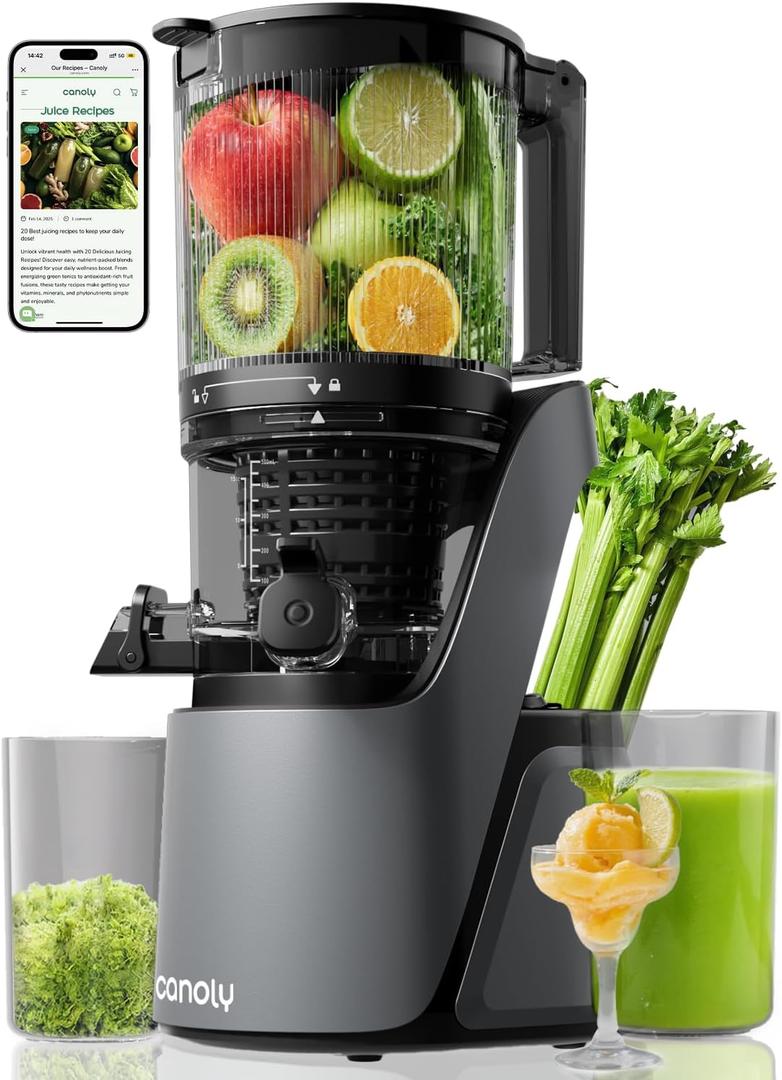 Canoly C16 Cold Press Juicer, 6" Extra Wide Feed Chute with Dual Strainers (Juice & Sorbet), Powerful AC Brushless Motor, Self Precut System, Juicer Machines with BPA Free (Space Gray)