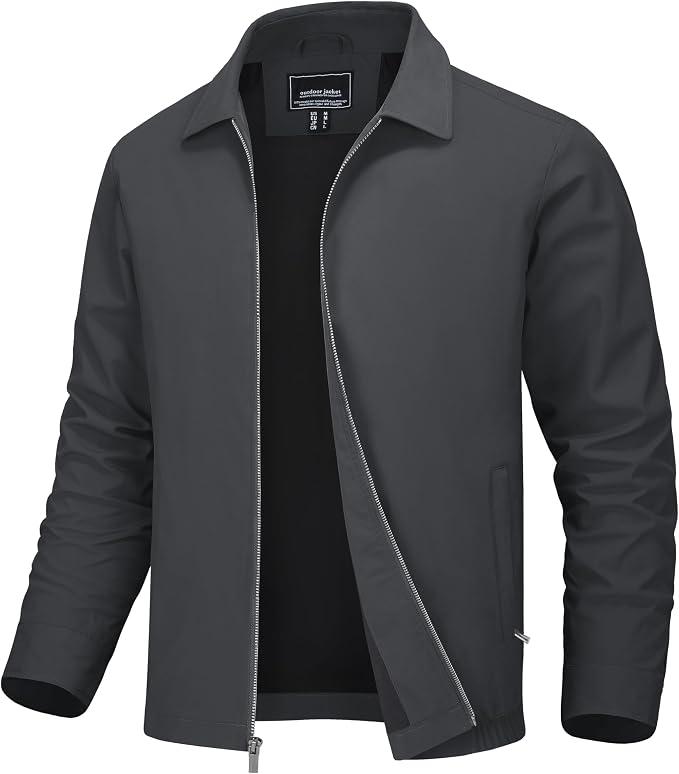 Men's Lightweight Jackets Light Windbreaker Full Zip Up Stylish Golf Coat Business Work Casual Dress, Dark Gray 2XL