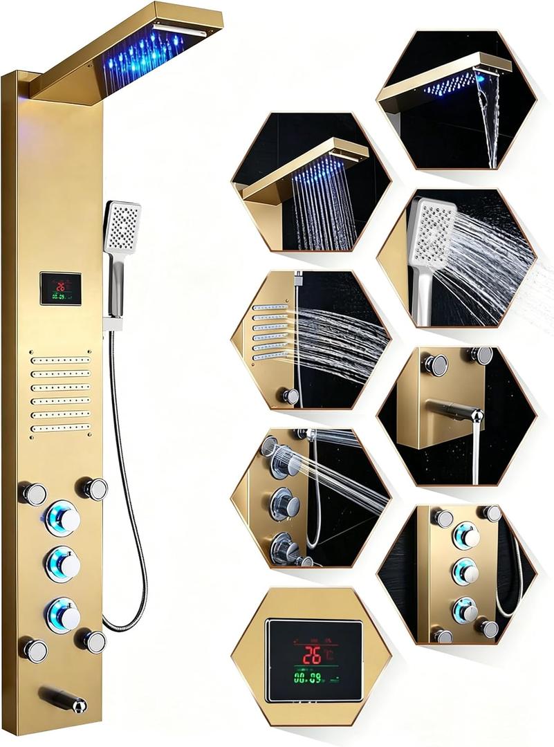 ELLO&ALLO LED Stainless Steel Bathroom Shower Panel Tower System, Rainfall Waterfall Shower Head Rain Massage System with Body Jets, Brushed Gold