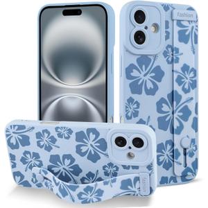 Fiyart Designed for iPhone 16 Case Cute Flowers with Strap Soft TPU Phone Cover Protective Camera Lens Protection for Women Men Floral Bumper with Stand 6.1"-Blue