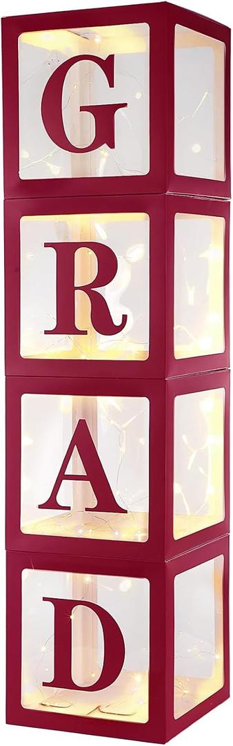 Qeeenar 4 Pcs 2026 Graduation Party Decorations 12x12x12 Inches Grad Balloon Boxes with Letters and LED String Lights for College School Memorable Graduation Party Decor(Burgundy)